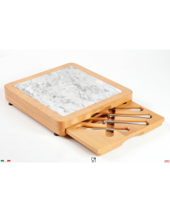 Tagliere legno a cassetto con inserto marmo e 5 coltelli forgiati